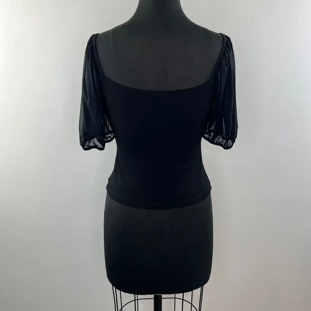 FREE PEOPLE INTIMATELY Black Mesh Puff Sleeve Rounded Square Neck Top Size M